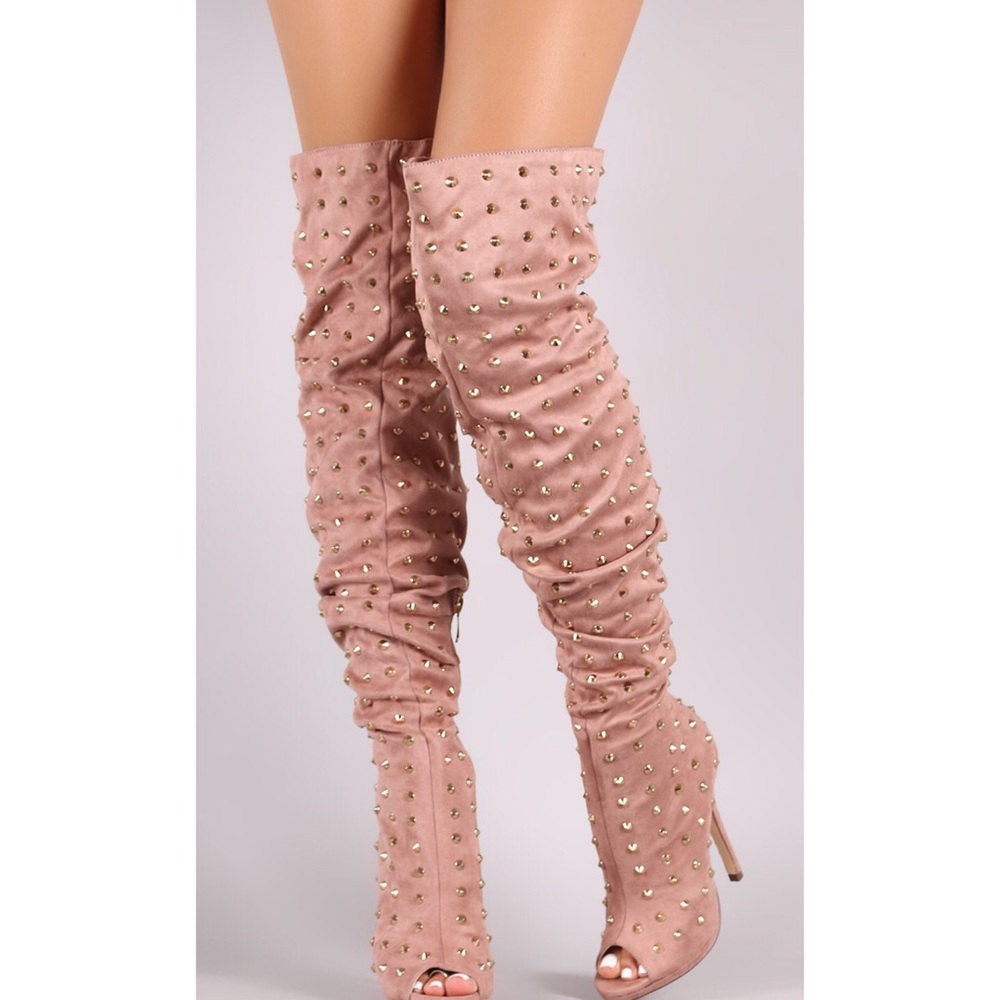 LILIANA Mauve Pink Gold Studded Over the Knee Heel - Picture 2 of 4